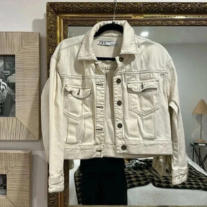 Cream ivory denim jacket with brown stitching small